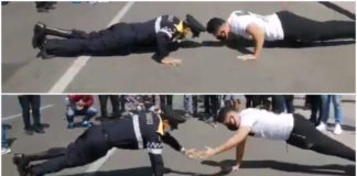 Policía se enfrenta a manifestante en reto de lagartijas y lo derrota