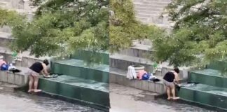 Graban a mujer lavando su ropa sucia en el Paseo de Santa Lucía en Monterrey
