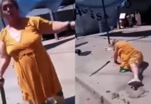 Mujer amenaza con machete a trabajadores de CFE por corte de luz; cae y se lesiona